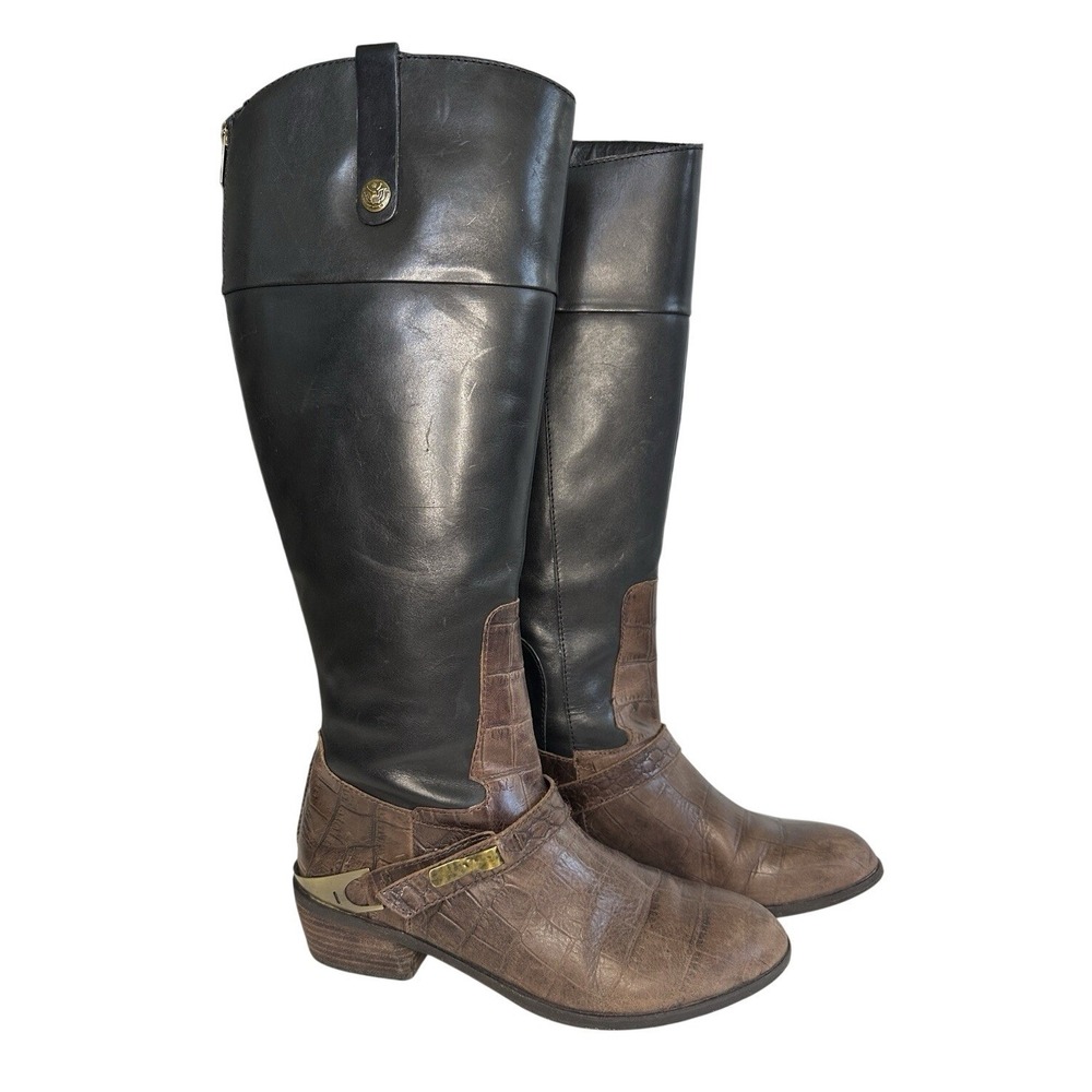 Sam Edelman Juliana Riding Boots Size 8.5M Black Brown Leather Croc Embossed